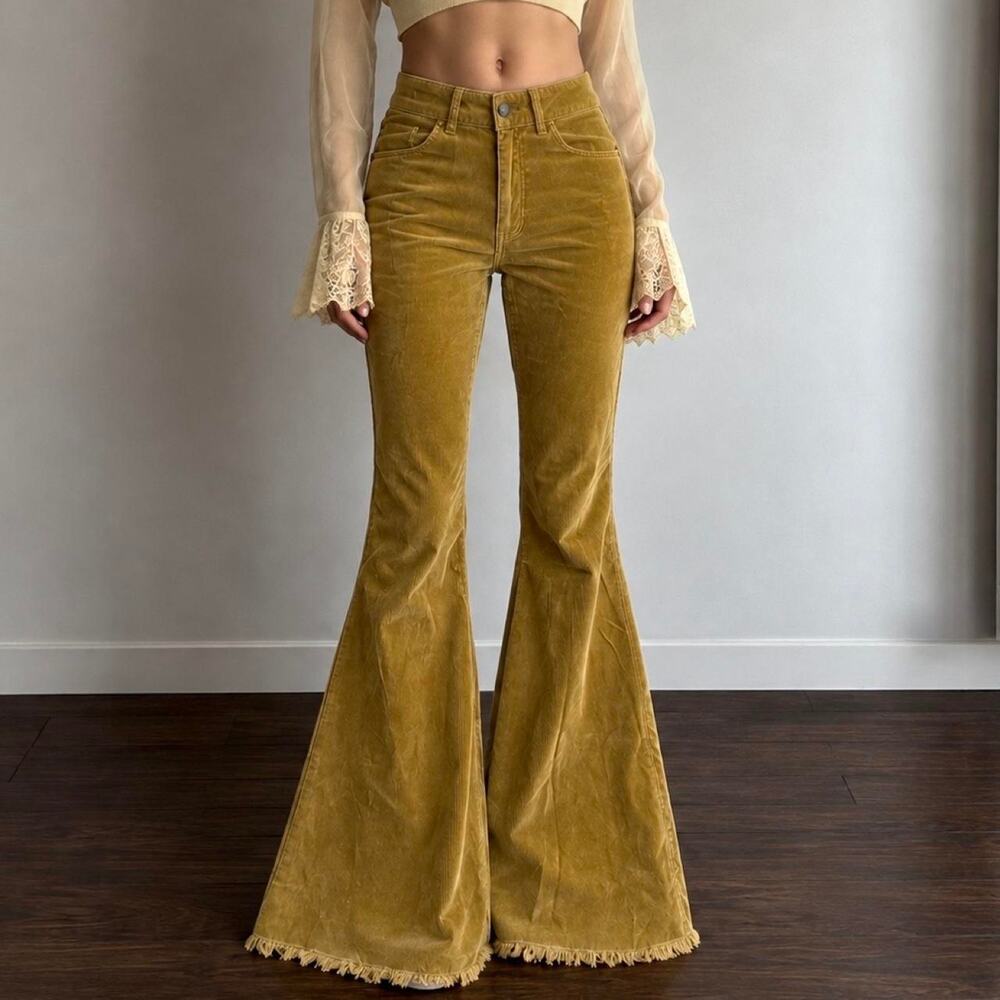 WE THE FREE 70s Golden Ochre Super Flare Corduroy Bell Bottoms Boho Sz 24 (0) XS
